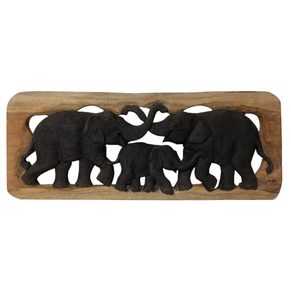 TEAK AĞACI EL YAPIMI 3'LÜ FİL AİLE TABLOSU 53,5*22CM