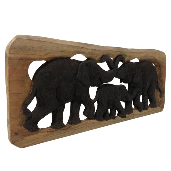 TEAK AĞACI EL YAPIMI 3'LÜ FİL AİLE TABLOSU 53,5*22CM