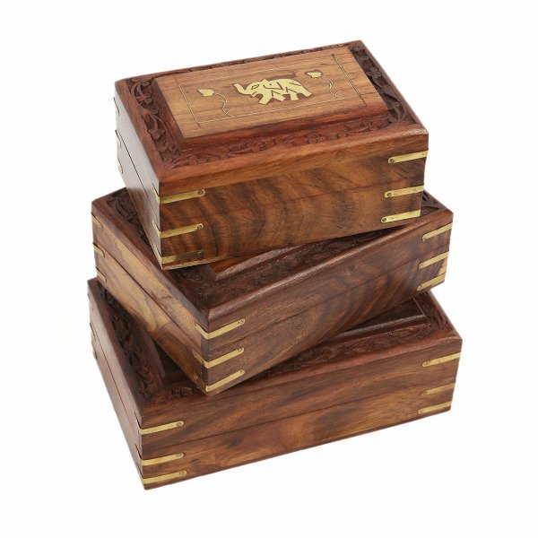 AHŞAP EL YAPIMI  FİLLİ PİRİNÇ İŞLEMELİ OYMALI  KADİFE İÇLİ 3 BOY DEKORATİF KUTU 10*16CM ,13*18 CM ,13*21 CM