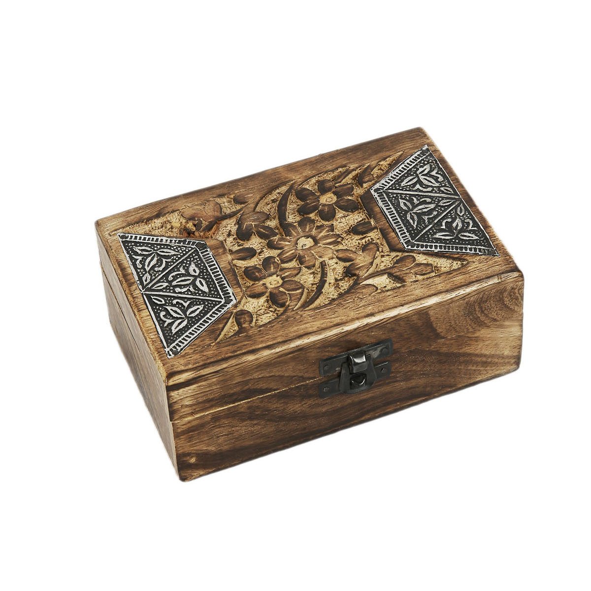 AHŞAP ESKİTME EL YAPIMI OYMALI  METAL İŞLEMELİ DEKORATİF KUTU 10*15 CM