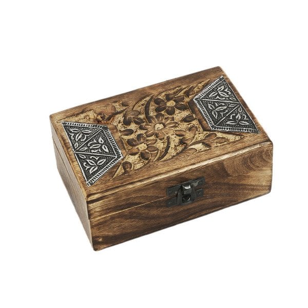 AHŞAP ESKİTME EL YAPIMI OYMALI  METAL İŞLEMELİ DEKORATİF KUTU 10*15 CM