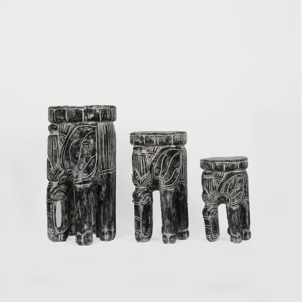 AHŞAP EL YAPIMI OYMALI ESKİTME 3 BOY FİL SEHPA 28*38*48 CM