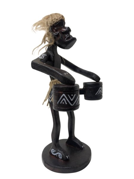 AHŞAP EL YAPIMI PRİMİTİF / İLKEL İNSAN TAM TAM ÇALAN MİKRO FİGÜR 23CM