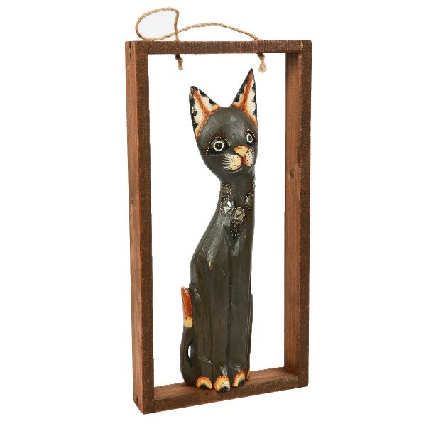 AHŞAP EL YAPIMI ÇERÇEVELİ KEDİ , DUVAR OBJESİ  23*45 CM