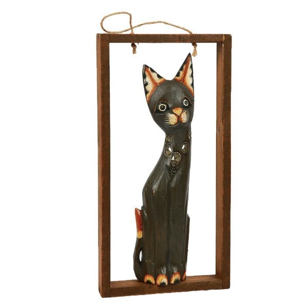 AHŞAP EL YAPIMI ÇERÇEVELİ KEDİ , DUVAR OBJESİ  23*45 CM