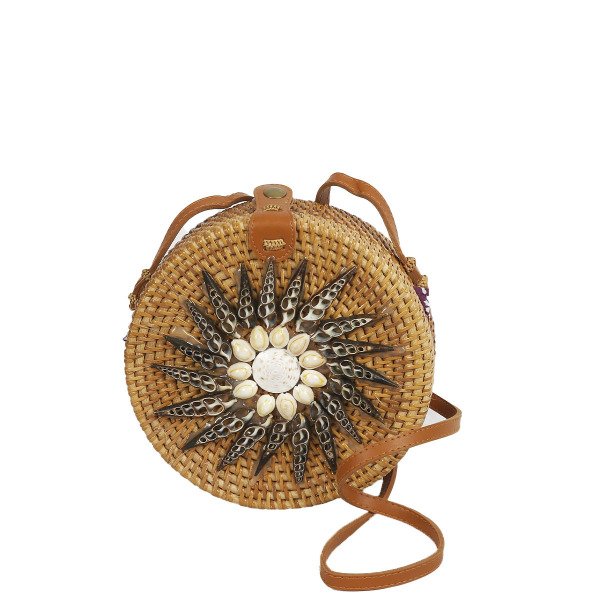 LORY DOĞAL RATTAN HASIRI İSTİRİDYELİ YUVARLAK ÇANTA SR-16 KAHVE