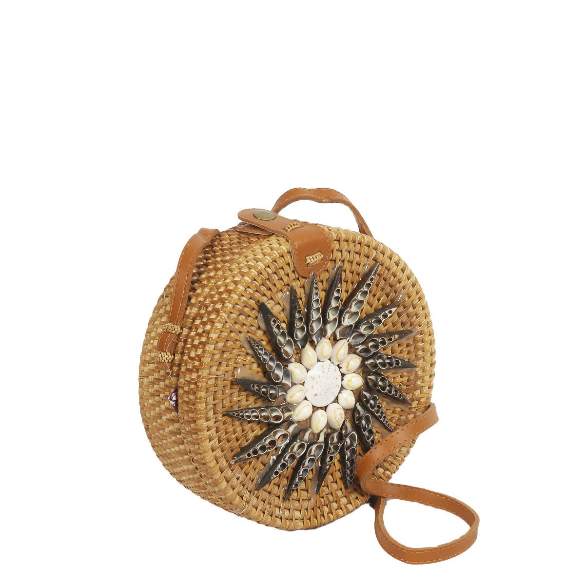 LORY DOĞAL RATTAN HASIRI İSTİRİDYELİ YUVARLAK ÇANTA SR-16 KAHVE