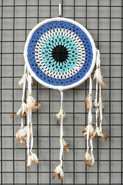 EL YAPIMI ÖRGÜLÜ RATTAN NAZARLIK DESENLİ RÜYA KAPANI 30CM