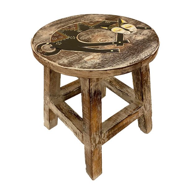 EL YAPIMI KEDİ DESENLİ AHŞAP TABURE 27*30CM