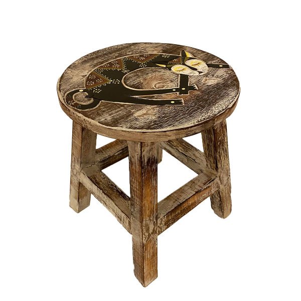 EL YAPIMI KEDİ DESENLİ AHŞAP TABURE 27*30CM