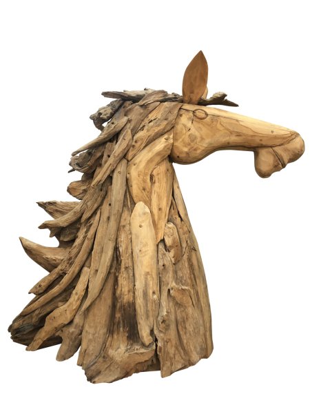TEAK AĞACI PARÇALI EL YAPIMI AT KAFASI HEYKEL / BİBLO  90*67CM