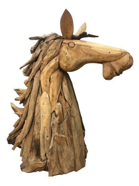TEAK AĞACI PARÇALI EL YAPIMI AT KAFASI HEYKEL / BİBLO  90*67CM