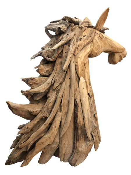 TEAK AĞACI PARÇALI EL YAPIMI AT KAFASI HEYKEL / BİBLO  90*67CM