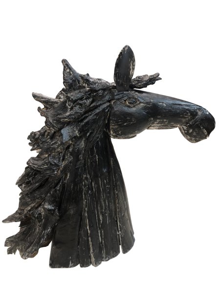 TEAK AĞACI PARÇALI EL YAPIMI AT KAFASI HEYKEL / BİBLO  70*68CM