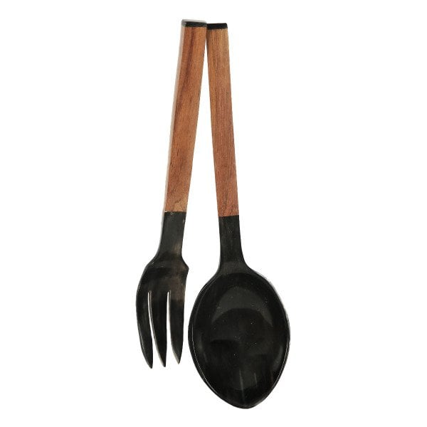 ZEBU BOYNUZUNDAN EL YAPIMI AHŞAP SAPLI SALATA SERVİS KAŞIĞI SETİ        32 CM